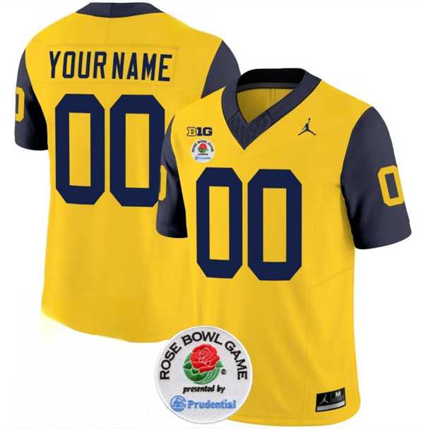 Men%27s Michigan Wolverines ACTIVE PLAYER Custom 2023 F.U.S.E. Yellow Navy Rose Bowl Patch Stitched Jersey->customized ncaa jersey->Custom Jersey